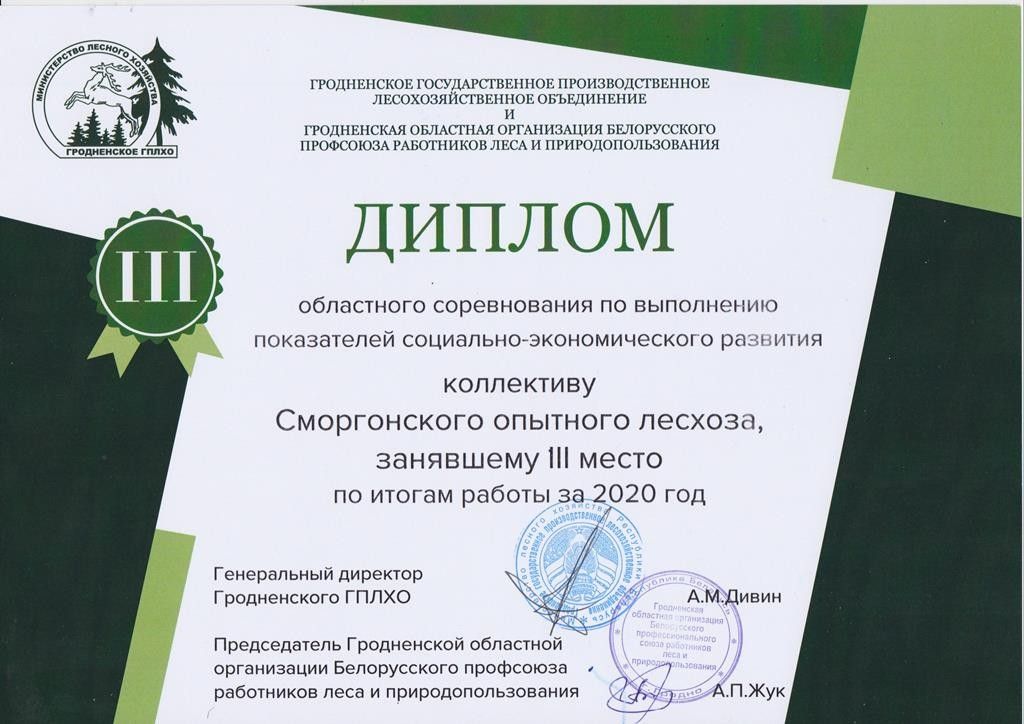 Награды Сморгонского опытного лесхоза по итогам работы за 2020 год
